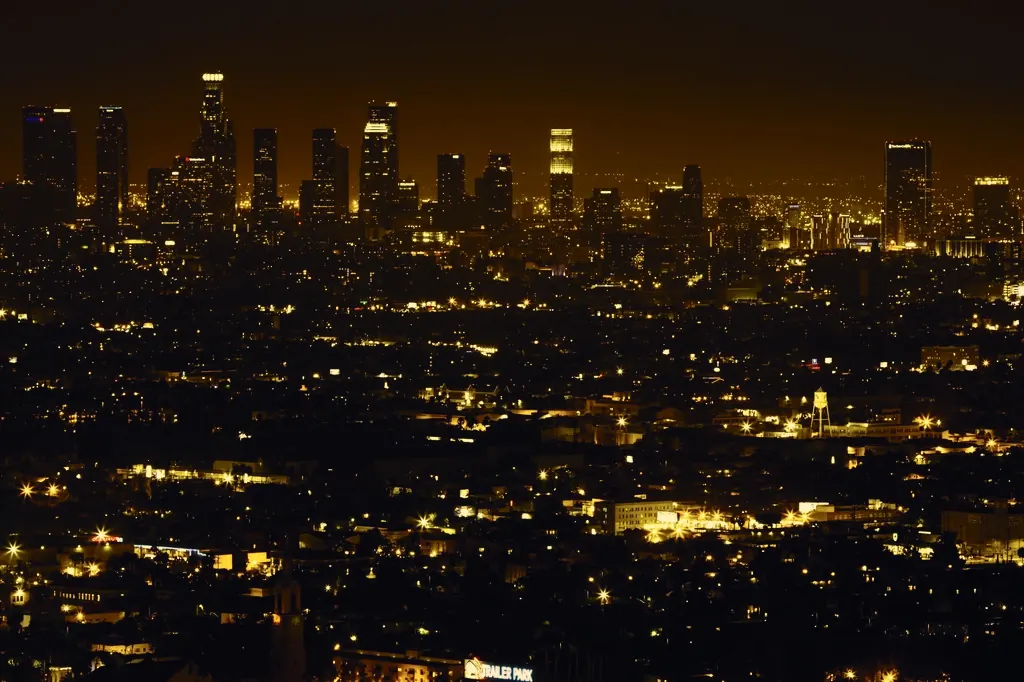 A city skyline lit up at night